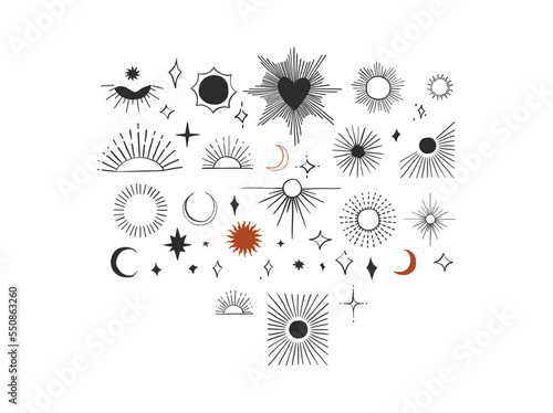 Hand drawn abstract vector graphic sign clipart illustrations collection set of line art sunburst,moon and stars.Simple Design concept.Bohemian contemporary line art.Vector abstract design elements.
