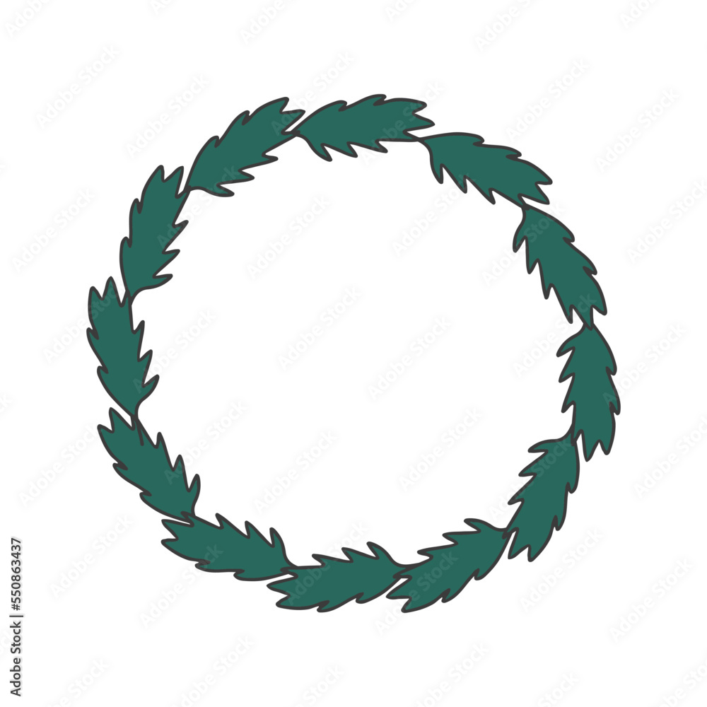 Wreath from leaf or fir branches, green circle frame, hand drawn doodle. Decorative border, template for postcard. Vector illustration Wreath from leaf or fir branches, green circle frame, hand drawn doodle. Decorative border, template for postcard. Vector illustration