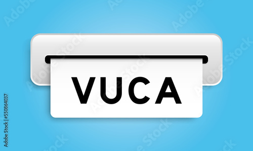 White coupon banner with word VUCA (abbreviation of Volatility, uncertainty, complexity and ambiguity) from machine on blue color background