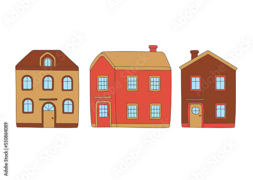 House exterior outside set, doodle style. Collection hand drawn building interior. Vector illustration