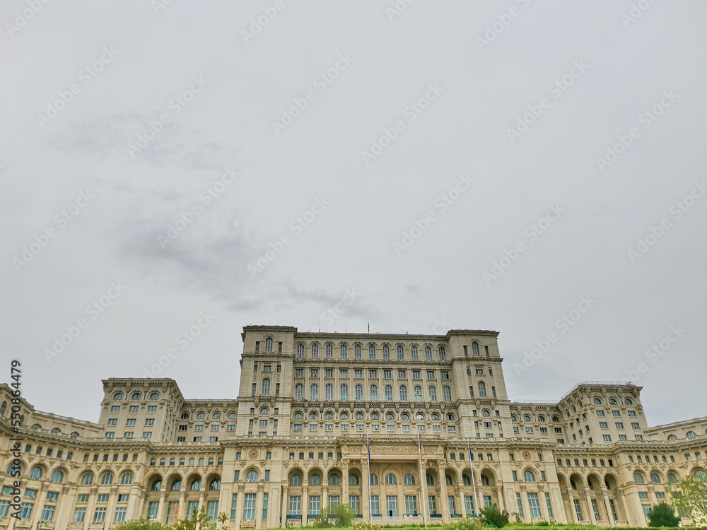 The Palace of the Parliament from Bucharest Romania on a cloudy day