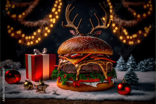 Hamburger Cheeseburger Christmasburger mit Käse und Speck und Weihnachtsdekoration  Goldburger AI Art Digital Art Illustration Backdrop Hintergrund Background photo