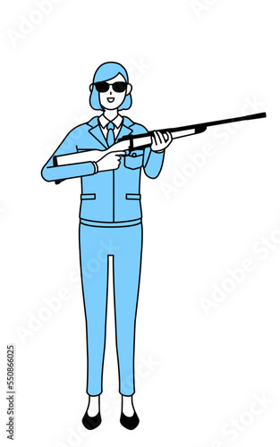サングラスをかけてライフル銃を持つ作業着を着た女性のシンプルな線画イラスト