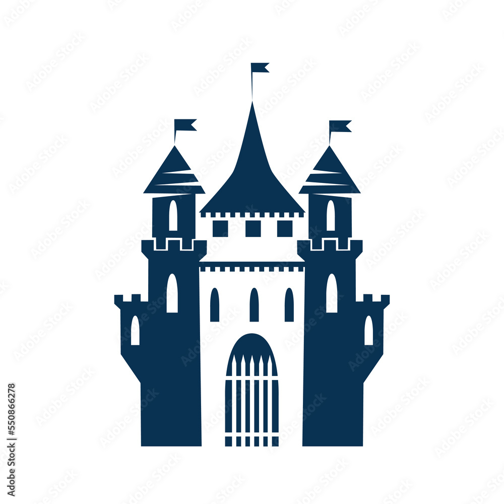 Icon of an old fairy tale medieval castle with towers, windows and gates. Vector icon isolated on white background. Silhouette of ancient architecture.