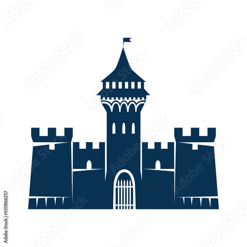 Icon of an old fairy tale medieval castle with towers  windows and gates. Vector icon isolated on white background. Silhouette of ancient architecture.