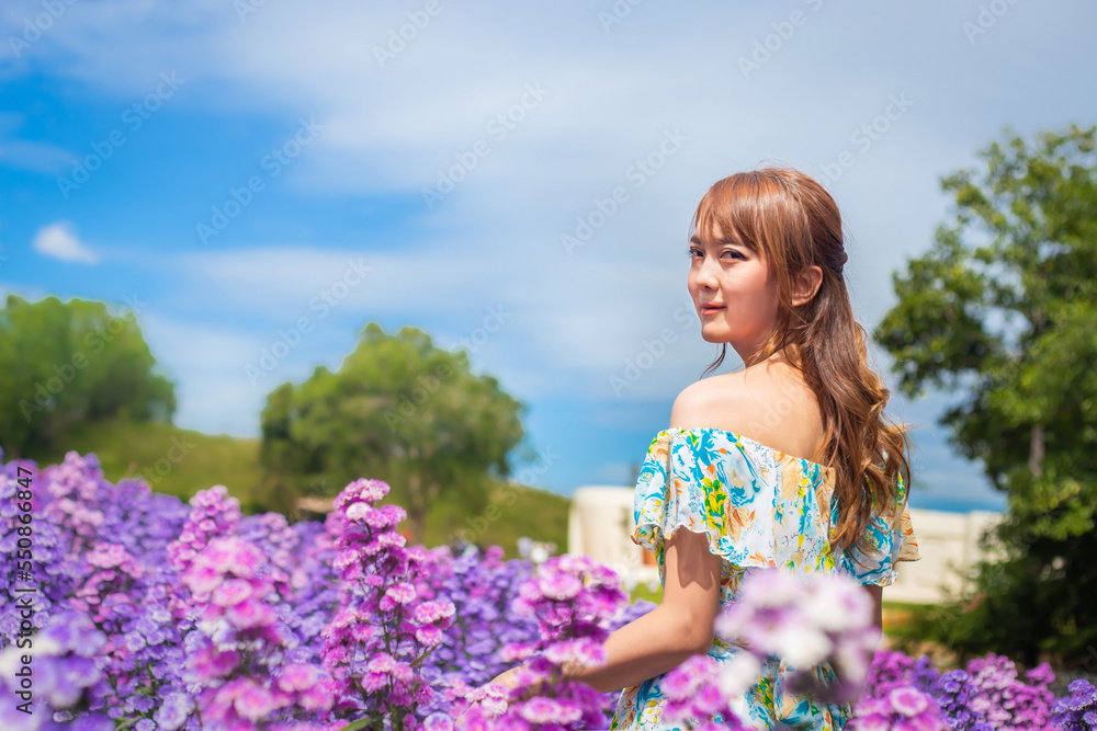 woman wearing a long dress in a field of margaret flowers exudes a relaxed and freedom. Soft and select focus woman wearing a long dress in a field of margaret flowers exudes a relaxed and freedom. Soft and select focus