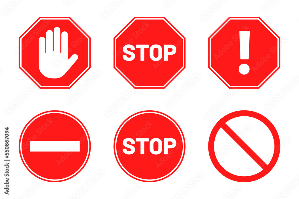 Stop signs collection. Red stop signs in octagon and round shape ...
