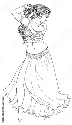 Hand-drawn illustration of belly dancer. Black and white images on white background.
