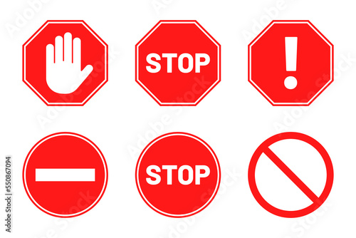 Stop signs collection. Red stop signs in octagon and round shape. Traffic warning and prohibiting icons with hand, text and exclamation mark. Vector