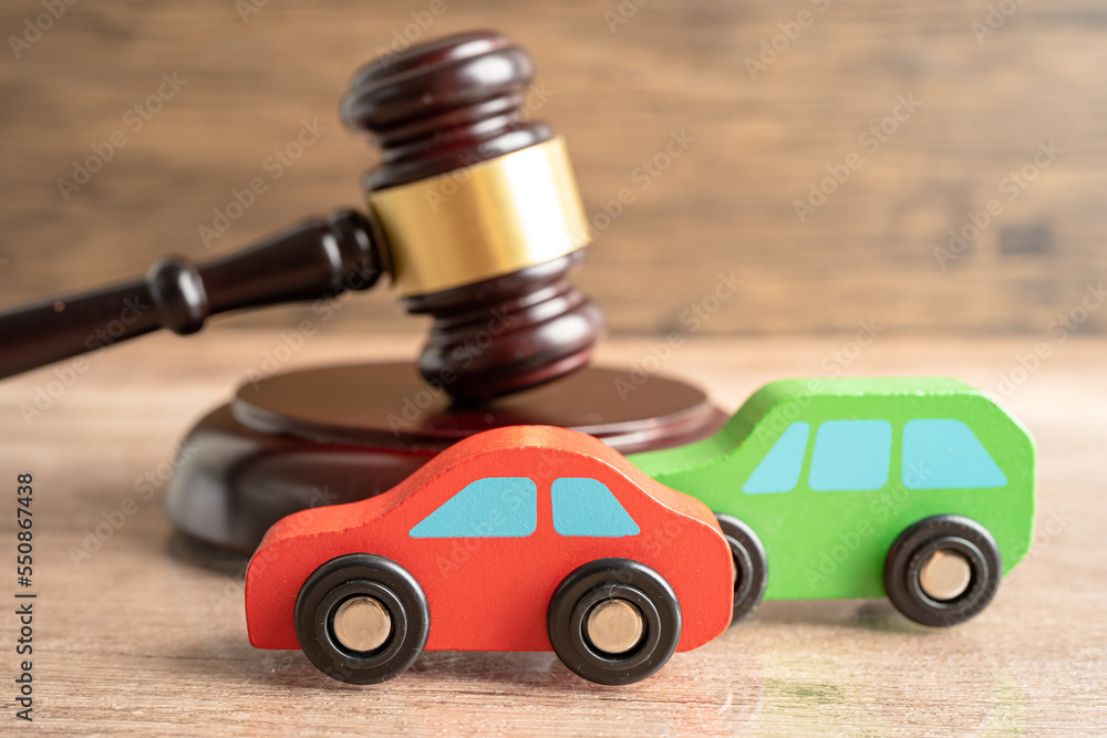 Fototapeta premium Hammer gavel judge with car vehicle accident, insurance coverage claim lawsuit court case.