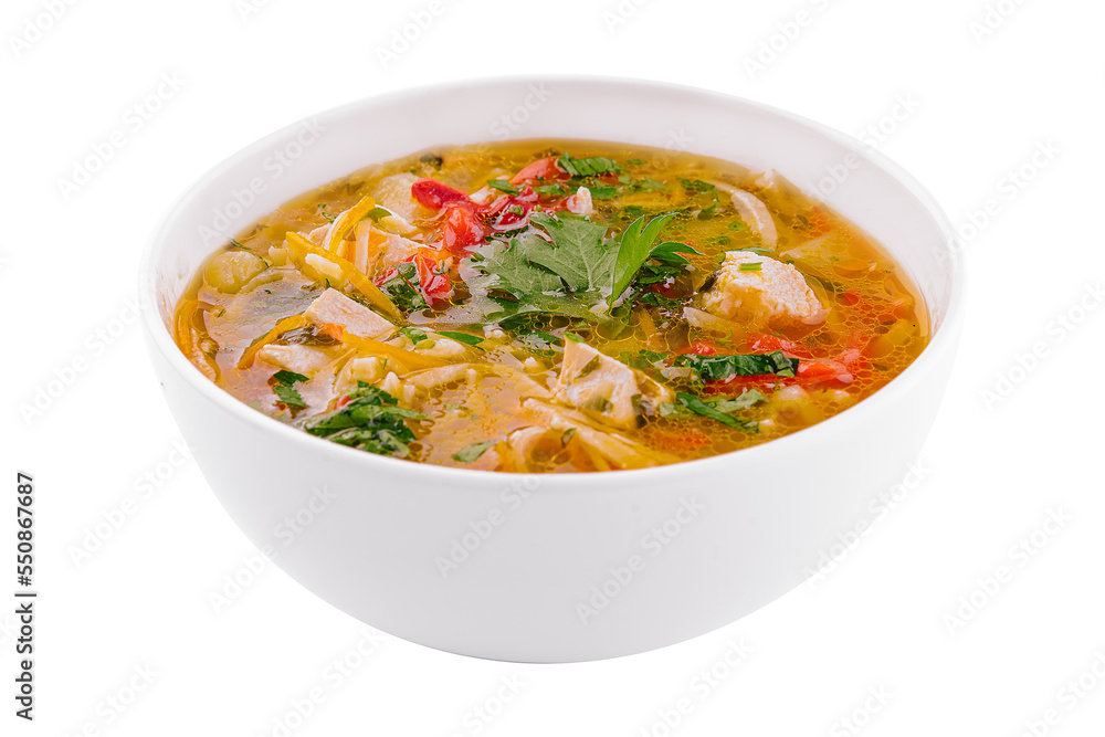 chicken noodle soup in a white ceramic bowl isolated on white chicken noodle soup in a white ceramic bowl isolated on white