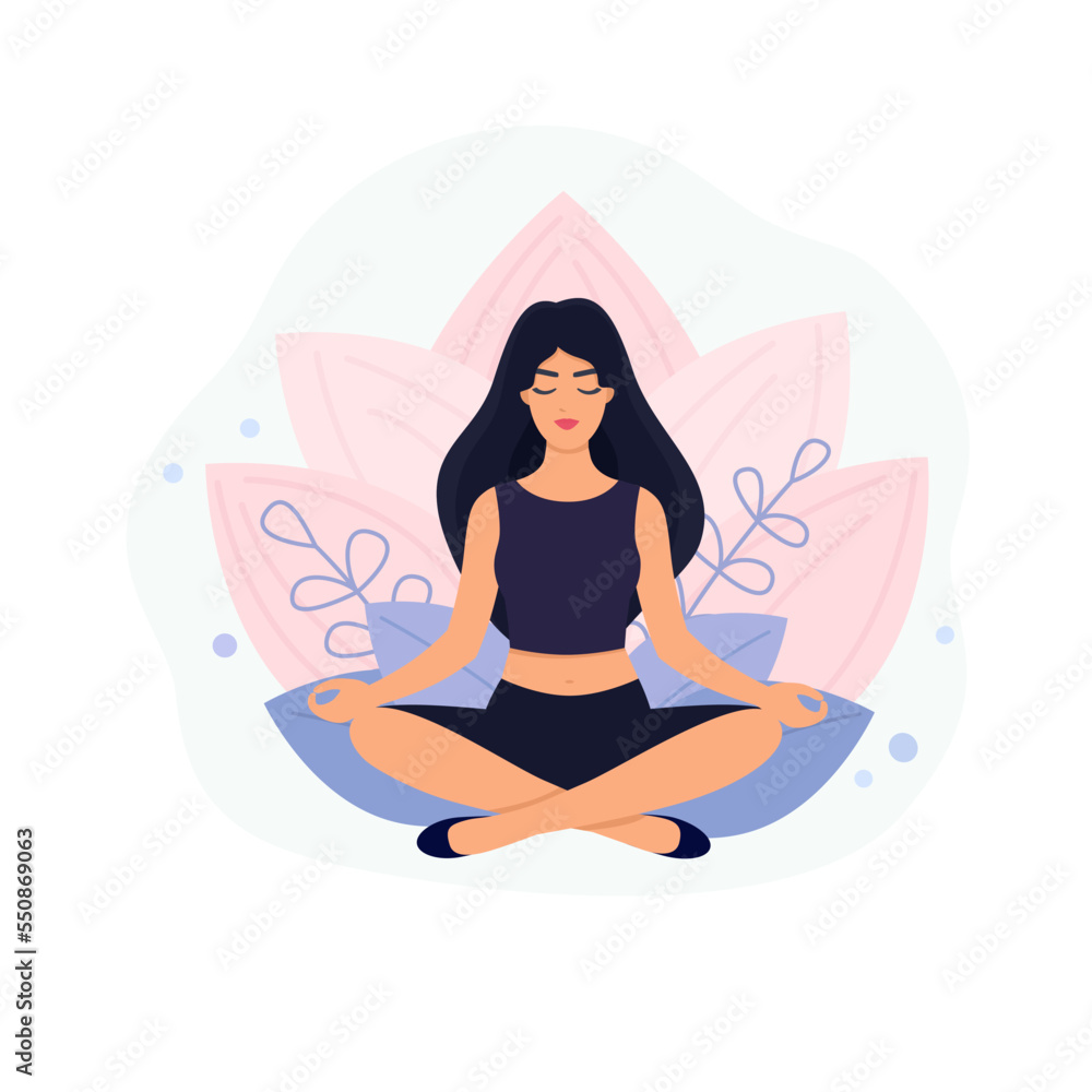 Young woman meditates in the lotus pose. Lotus flower and leaves background. Concept meditation, yoga, relaxation. Vector flat style illustration.