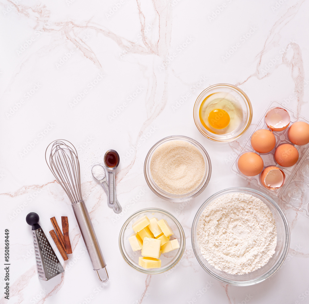 Overhead view of baking ingredients for Snickerdoodle cookies with copy space Overhead view of baking ingredients for Snickerdoodle cookies with copy space