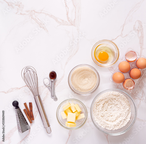 Overhead view of baking ingredients for Snickerdoodle cookies with copy space