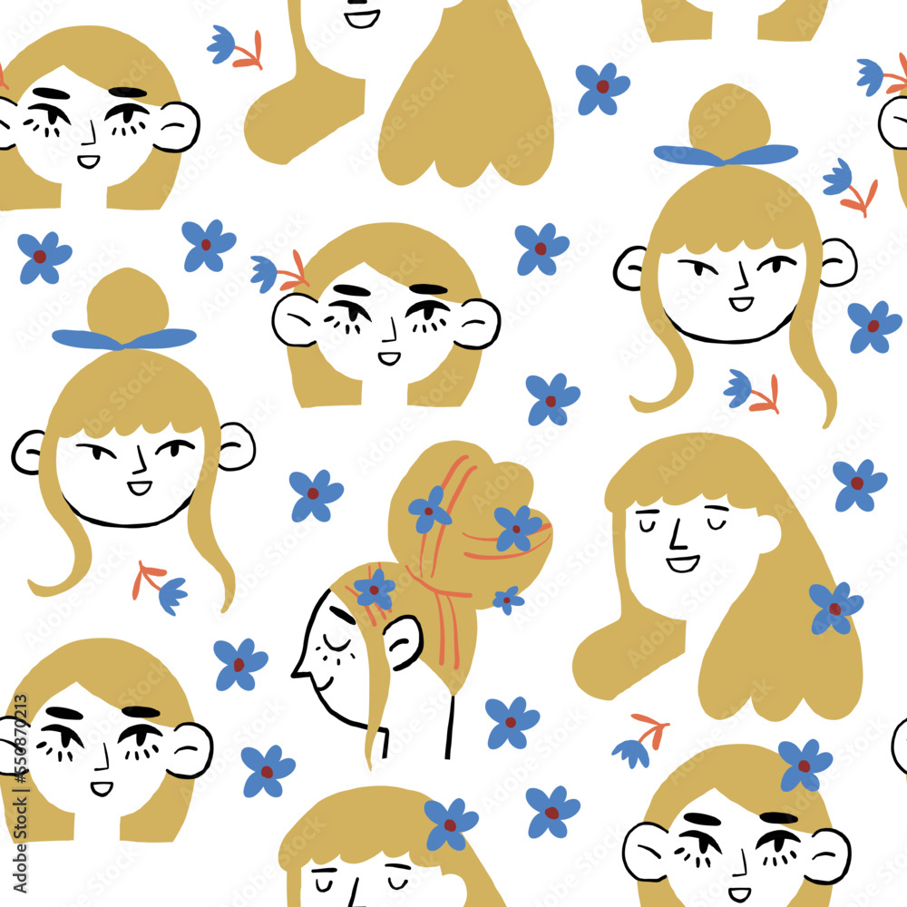 Vector seamless pattern with romantic girls with blond hair. Spring girls characters with blue flowers on white background. Vector illustration Vector seamless pattern with romantic girls with blond hair. Spring girls characters with blue flowers on white background. Vector illustration
