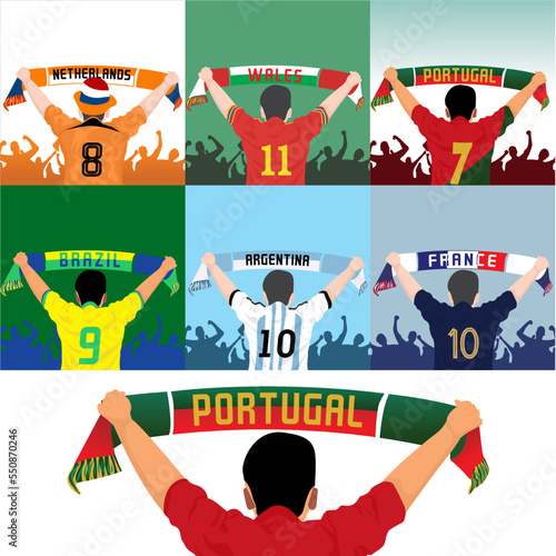 vector player supporter holding sale flag in hand supporting his country, netherlands, wales, portugal, france, argentina and brazil, flat design.