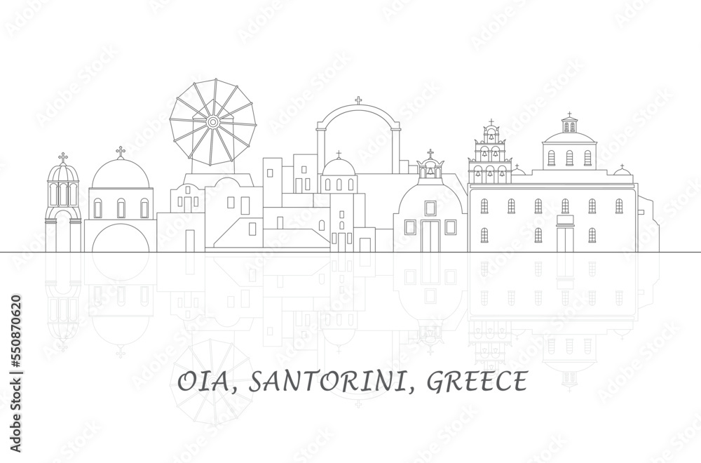 Naklejka premium Outline Skyline panorama of village of Oia, Santorini, Cyclades Islands, Greece - vector illustration