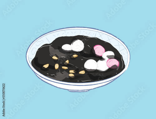 Grass black jelly with sweet dumplings and dried peanuts in flat vector illustration art design photo