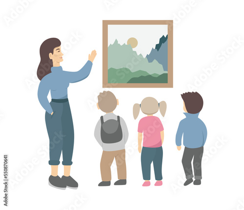 Children excursion in a museum, standing at picture and listening to guide. Guide shows a picture to children in a museum. Vector illustration for art gallery, cultural education, exhibition concepts