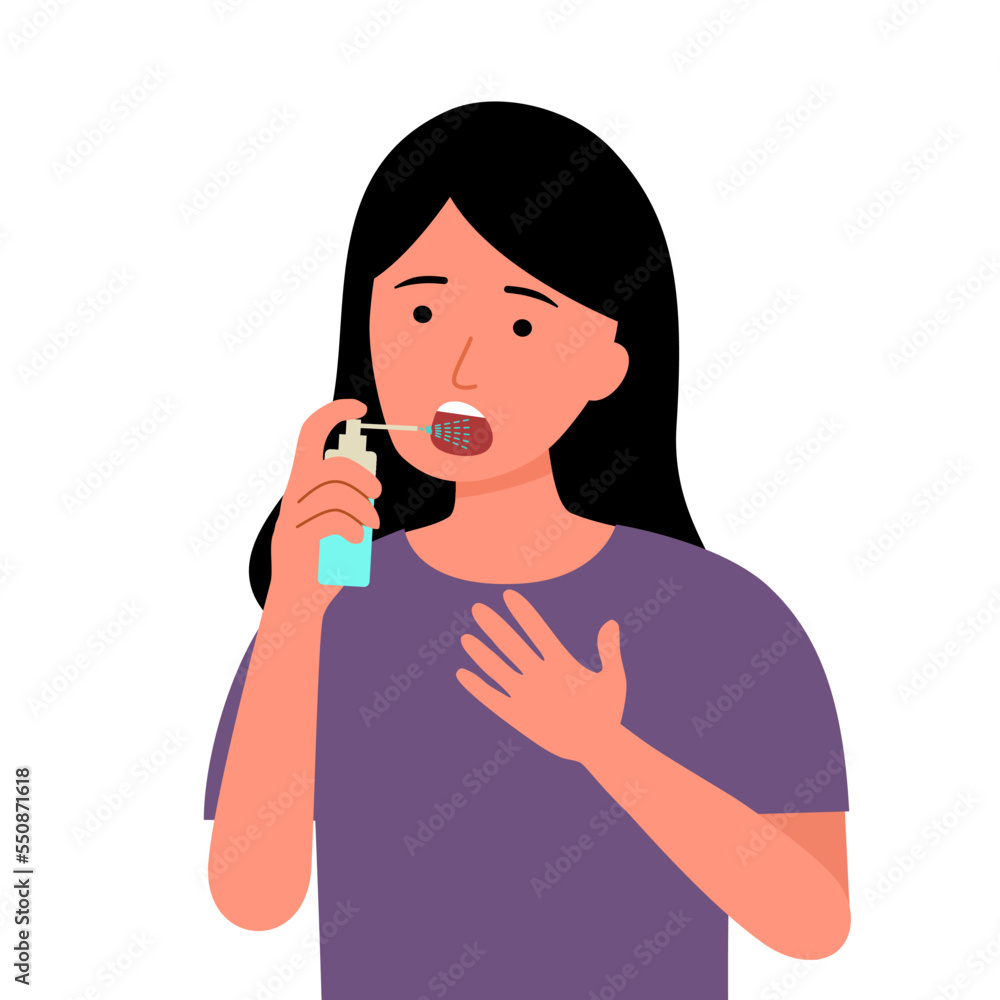 Woman using mouth spray for fresh breathing or sore throat infection treatment in flat design. Woman using mouth spray for fresh breathing or sore throat infection treatment in flat design.