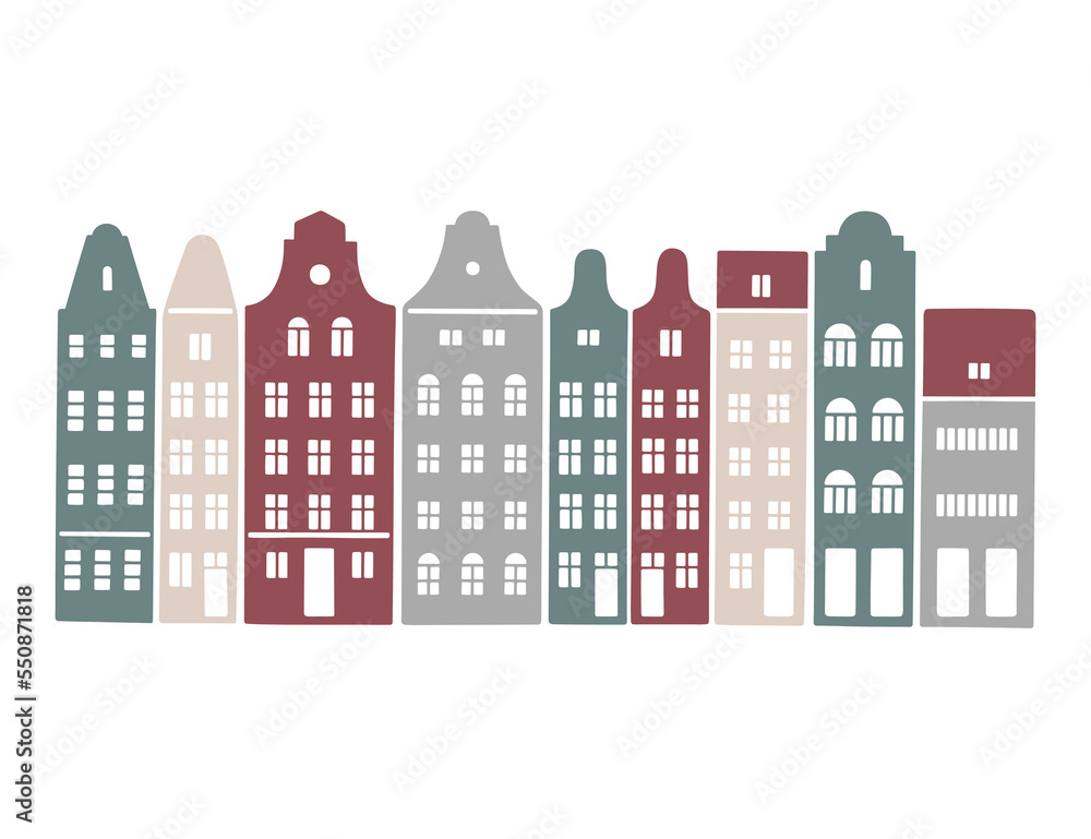 Vector color hand drawn illustration with an old town city cute house panorama. For cricut