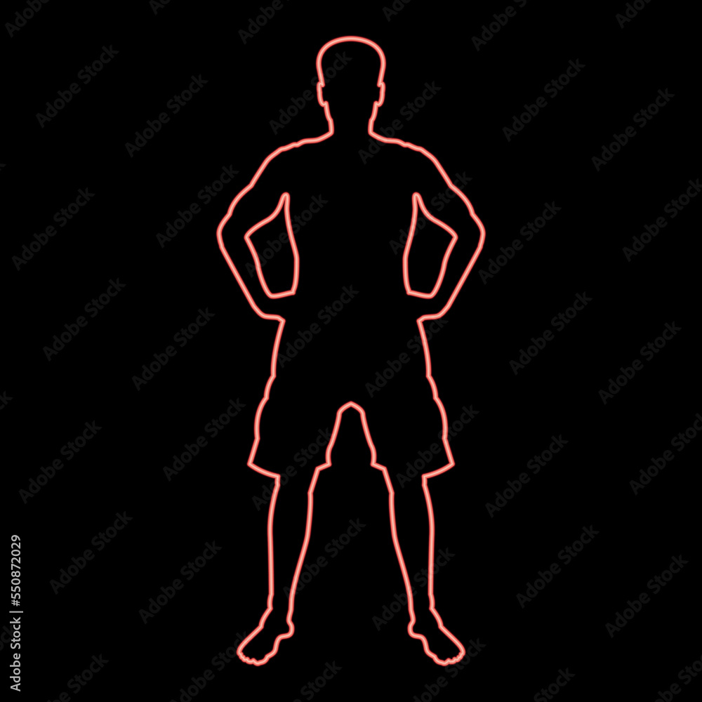 Fototapeta premium Neon man holding hands on belt confidence concept silhouette serious master of the situation front view icon red color vector illustration image flat style