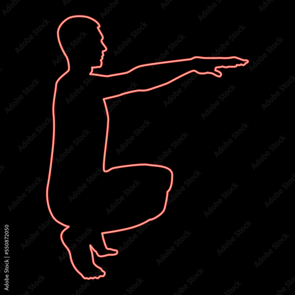 Neon crouching man doing exercises crouches squat sport action male workout silhouette side view icon red color vector illustration image flat style Neon crouching man doing exercises crouches squat sport action male workout silhouette side view icon red color vector illustration image flat style