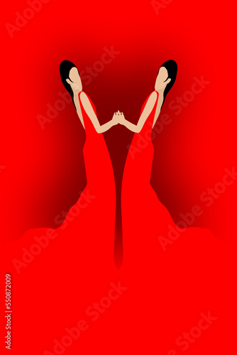 Twins wearing flowing red gowns dance together..