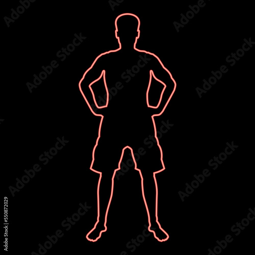 Neon man holding hands on belt confidence concept silhouette serious master of the situation front view icon red color vector illustration image flat style