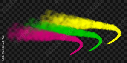 Traces of pink, yellow and green smoke from an airplane, rocket or spacecraft launch. Realistic 3d vector illustration isolated on transparent background.