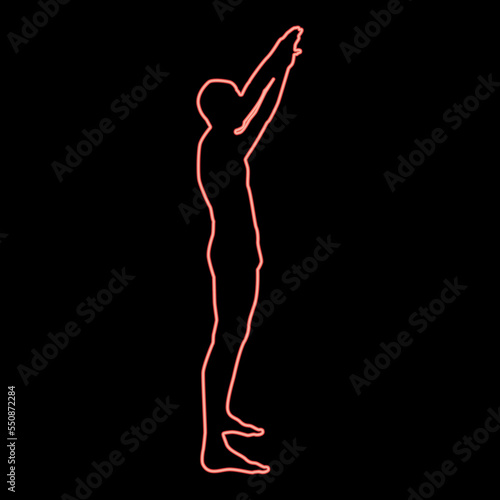 Neon man with arms raised sportsman raising hands side view icon red color vector illustration image flat style