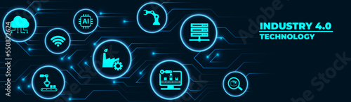 Smart Industry 4.0 concept. Factory automation. Autonomous industrial technology. Industrial revolutions steps. Vector illustration.
