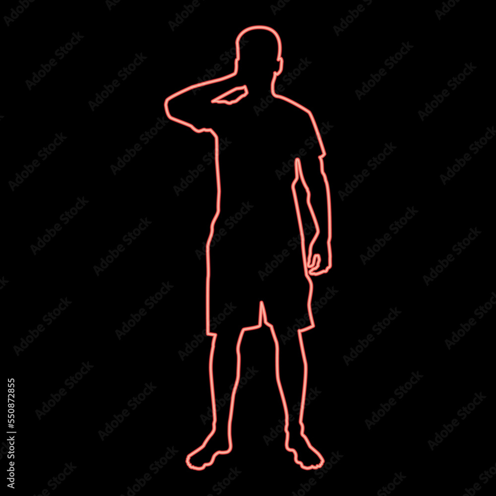 Neon man closing his eyes his hands silhouette front view icon red color vector illustration image flat style