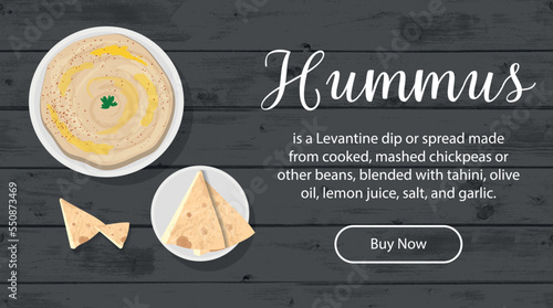 Middle Eastern cuisine - hummus with pita on wooden black table with inscription and button. Template for cafe, restaurant, advertising, website, banner. Vector illustration of arabic food
