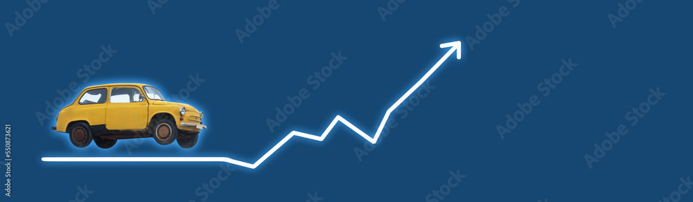 Growing arrow with a car model. Rising car sales or cost Growing arrow with a car model. Rising car sales or cost
