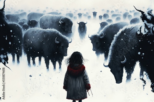 Canvas-taulu A girl in front of a herd of bison, on a snowy winter day, the concept of the ex