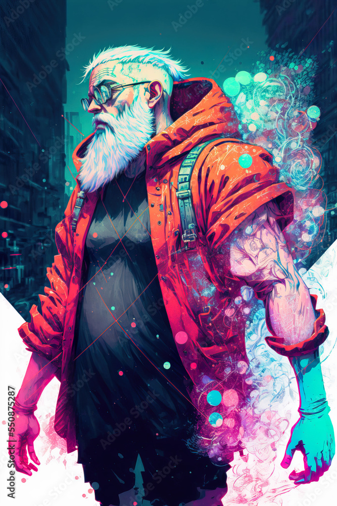 Fototapeta premium Modern and contemporary handsome Santa Claus hero character like from a comic book saves Christmas and New Year's holidays. Sci-fi futuristic, Generative AI