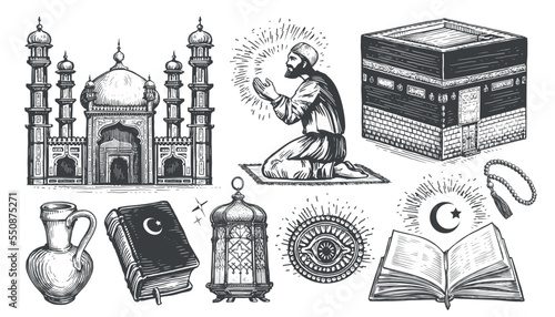 Islam concept. Religious tradition. Muslim culture set of sketches in vintage engraving style. Vector illustration