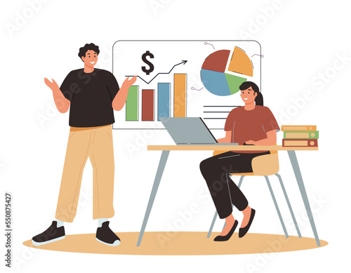 Master of Business administration isolated cartoon vector illustrations. Operations management, discuss marketing.