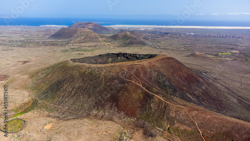 Aerial view of the caldera of the volcano Calderon Hondo in the north of Fuerteventura in the Canary Islands, Spain