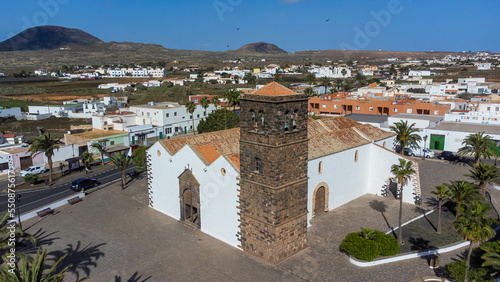 Aerial view of the Church of Our Lady of La Candelaria in La Oliva, a roral town in the north of Fuerteventura in the Canary Islands, Spain