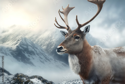 A powerful beautiful wild animal on a foggy cloudy snowy day in the mountains. Christmas reindeer with big antlers. Winter day, illustration. © Uncanny Valley