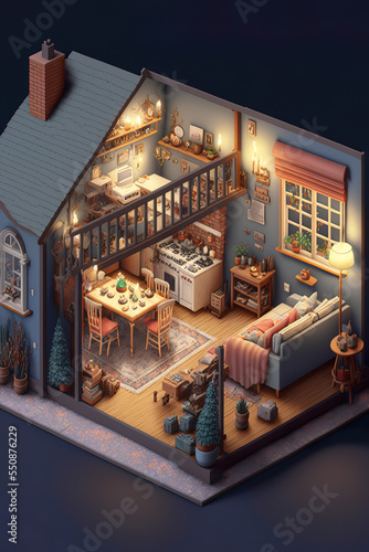 Generative AI living room isometric interior, open view. Cozy Christmas atmosphere in a warm home. Holiday decoration, nice dollhouse. New Year's design.