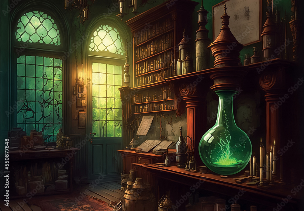 Alchemist office, fantasy illustration of laboratory, wizard's office  Illustration Stock | Adobe Stock