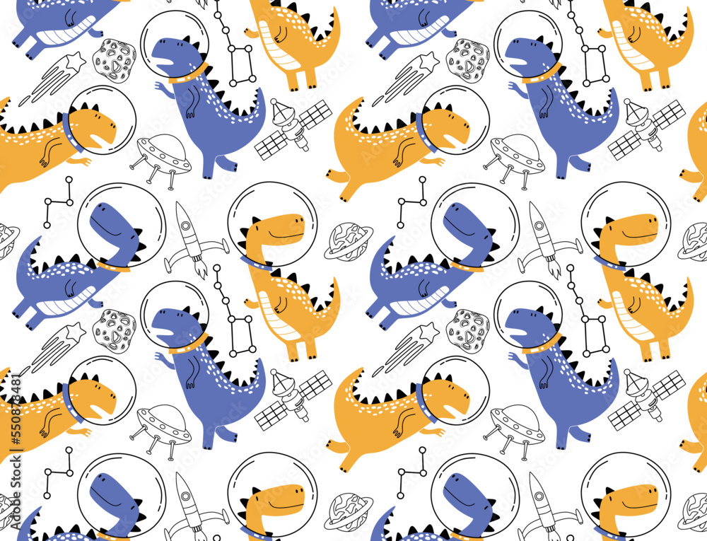 Fototapeta premium Seamless pattern with cute dinosaurs in space. Fabric design. Wallpaper. Space dinosaurs. Lizard.