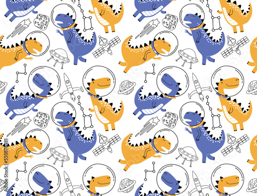 Seamless pattern with cute dinosaurs in space.  Fabric design. Wallpaper. Space dinosaurs. Lizard.