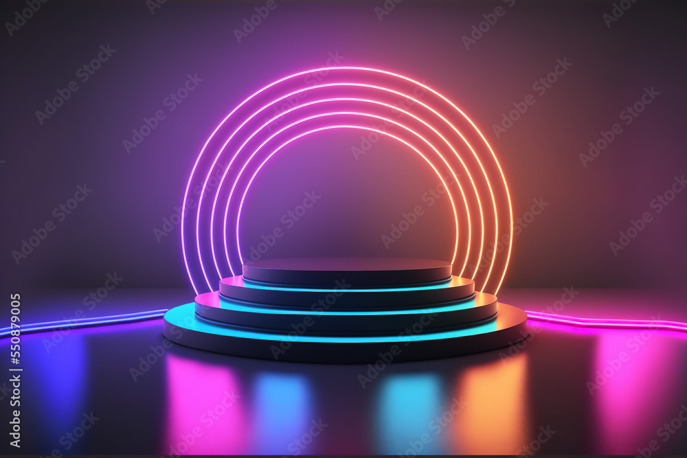 Obraz premium Cyber, club atmosphere party, neon ​​light circles, purple color on a black background. Cyberpunk futuristic Illustration with copy space.