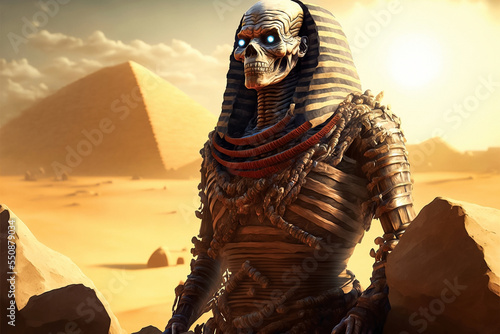 Print op canvas Fantasy portrait of zombie pharaoh against the backdrop of the Egyptian pyramid