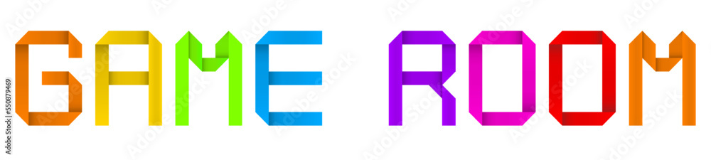 Vector concept or conceptual paper origami font forming GAME  ROOM  text isolated on white background as a metaphor for fun, childhood, imagination, creativity, happiness and joyv