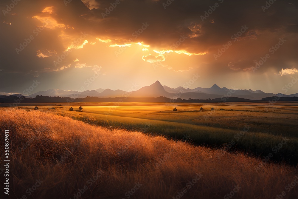 Fototapeta premium Tranquil sunset over a field. Great photo to show hope, peaceful view, travel and more. 